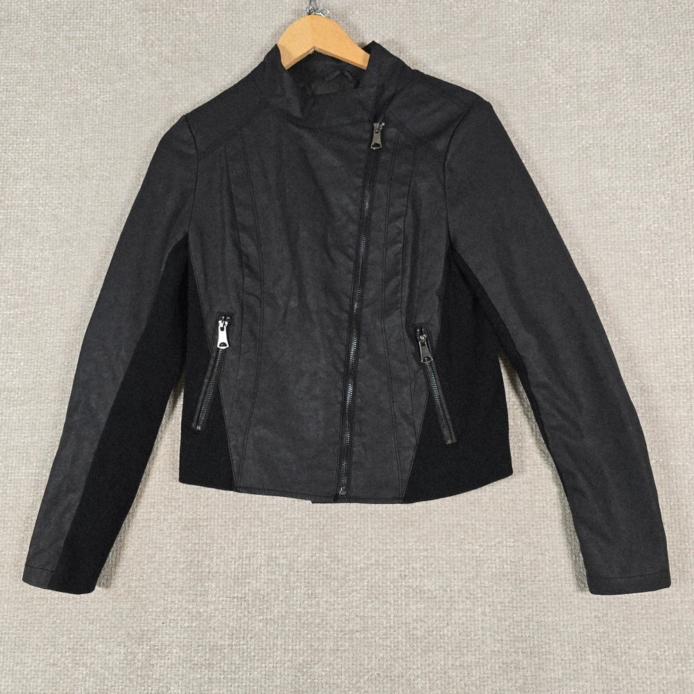 Marc New York Andrew Marc Womens Black Faux Leather Moto Jacket Mixed Media Sz M